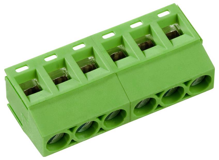 Ein grüner Klemmenblock-Steckverbinder ohne Schrauben mit sechs Drahtanschlüssen, Schrägansicht.