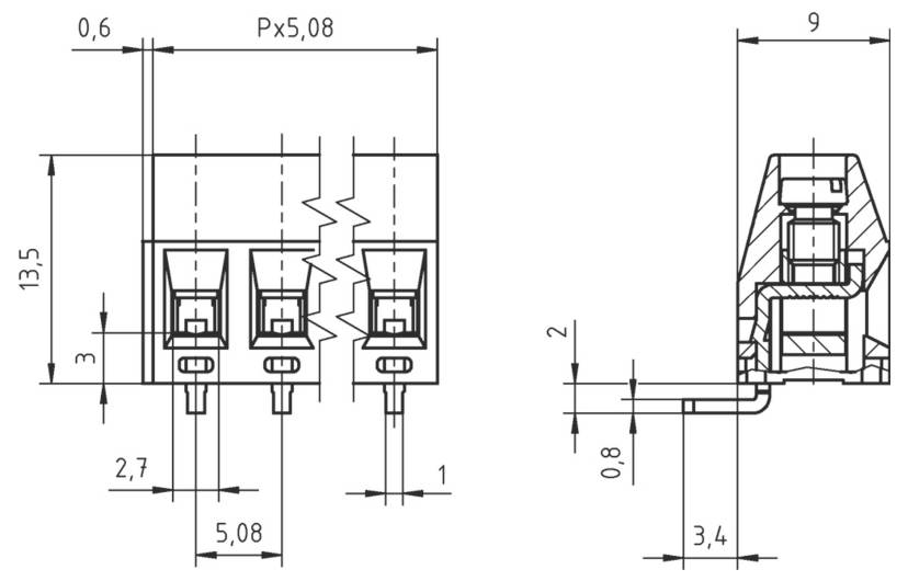 Technische Zeichnung eines Anschlussblocks mit Abmessungen. Vorderansicht und Seitenansicht dargestellt. Wichtigste Abmessungen: 13,5 Höhe, 5,08 Mittenpunktabstand.