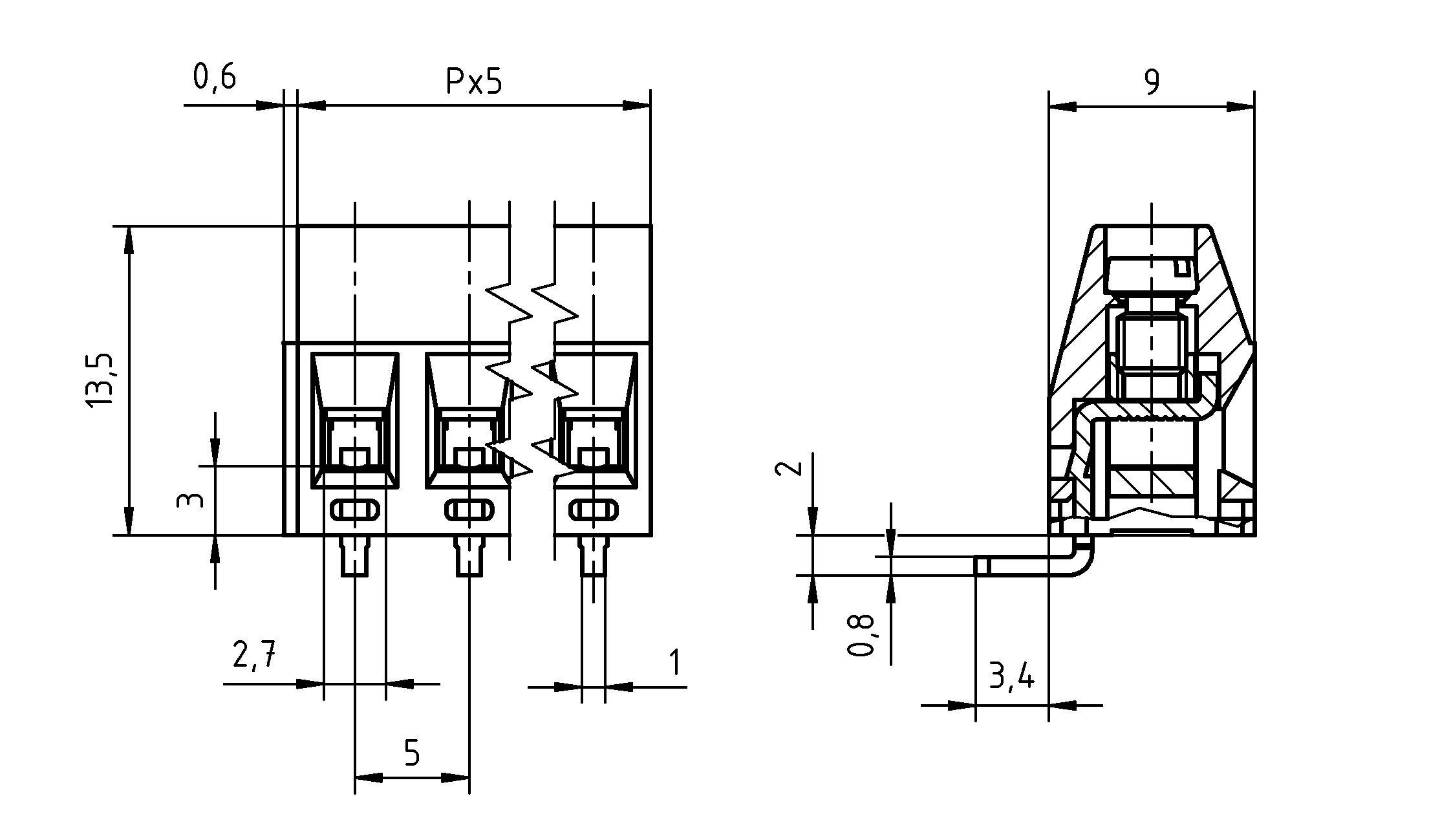 Technische Zeichnung eines dreipoligen Elektrosteckers. Enthält detaillierte Maßangaben in Millimetern, die Draufsicht und Seitenansicht zeigen.
