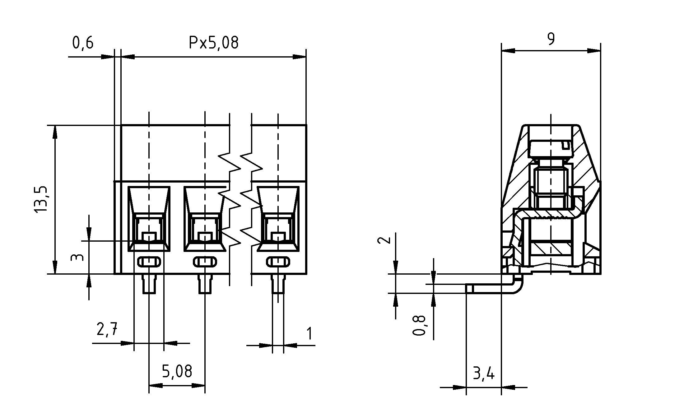 Technische Zeichnung eines elektrischen Steckers. Vorder- und Seitenansichten enthalten Maße: Breite 13,5, Höhe 9 und mehrere Abmessungen in Millimetern.