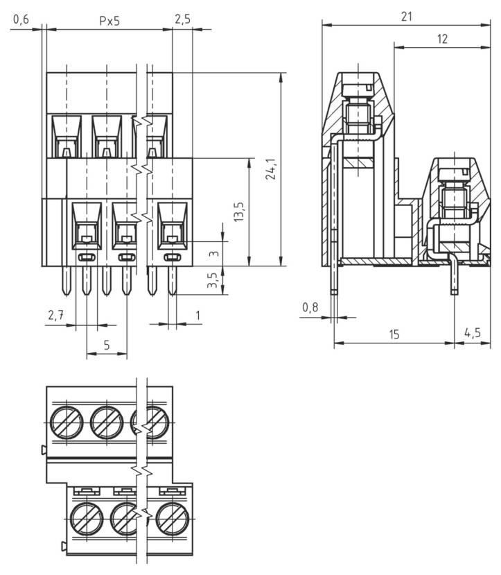 Technische Zeichnung eines elektrischen Steckers mit detaillierten Abmessungen und Spezifikationen, die Seiten- und Vorderansicht zeigt.