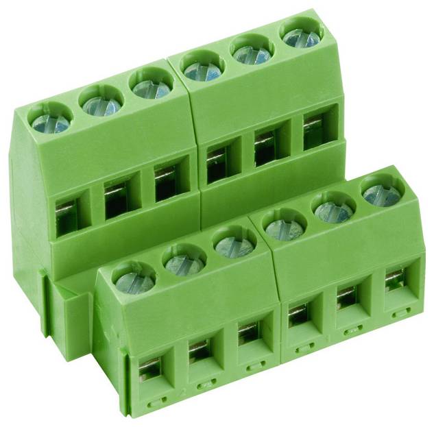 Ein grüner Klemmblock mit mehreren kreisförmigen Öffnungen für Elektroverbindungen, typischerweise für Leiterplattenanwendungen verwendet.