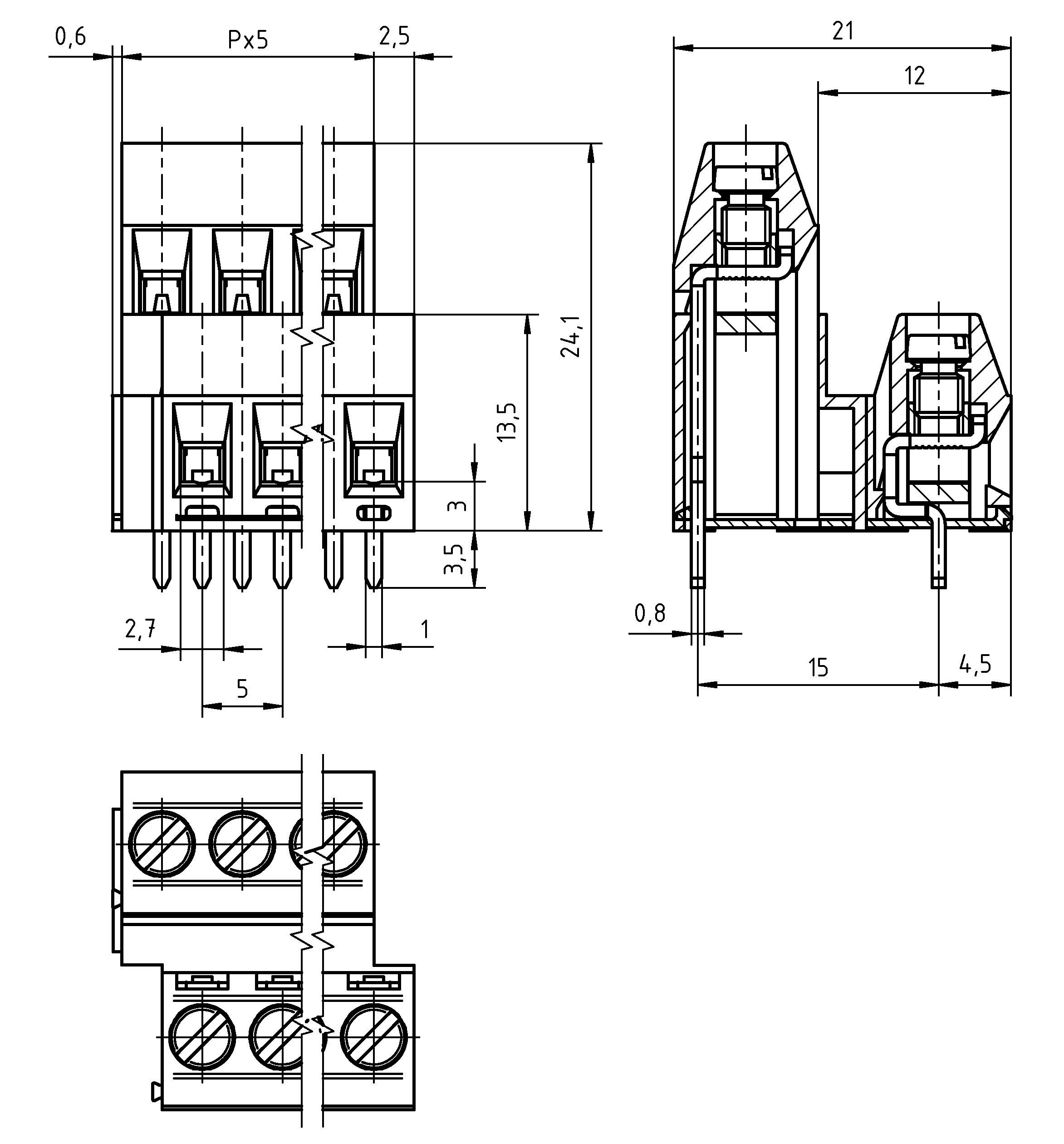 Technisches Schaltbild eines elektrischen Steckers mit Seiten- und Draufsichten mit Abmessungen in Millimetern.