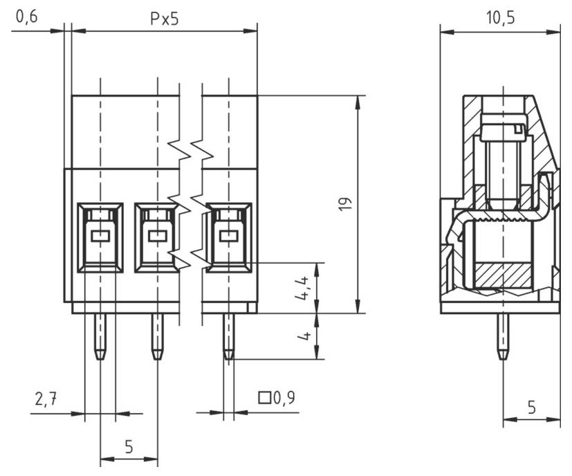 Technische Zeichnung einer dreipoligen elektronischen Komponente mit gekennzeichneten Abmessungen. Vorder- und Seitenansicht zeigen detaillierte Maße für die Installation.