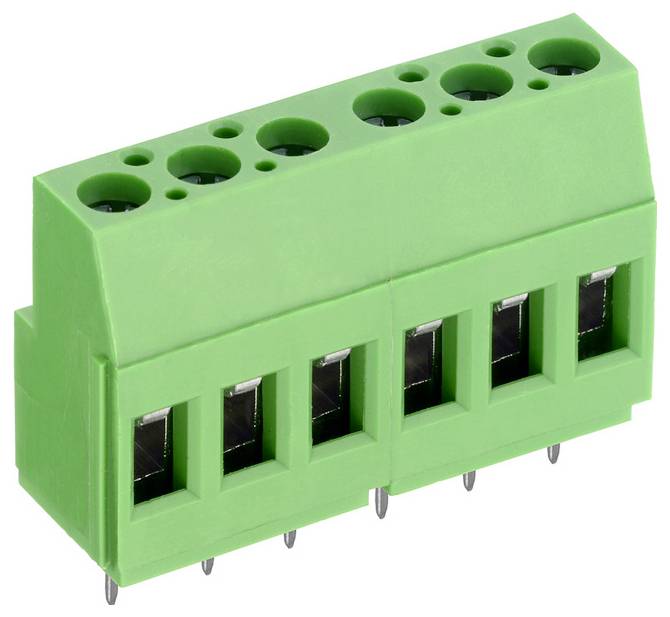 Ein grüner Anschlussblock mit fünf Pins, der für elektrische Verbindungen verwendet wird und die Pinseite für elektronische Schaltungsanwendungen zeigt.