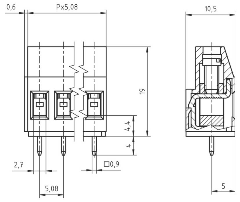 Technische Zeichnung eines dreipoligen Elektrosteckers mit Vorder- und Seitenansicht. Beinhaltet Abmessungen wie Breite, Höhe und Abstände.
