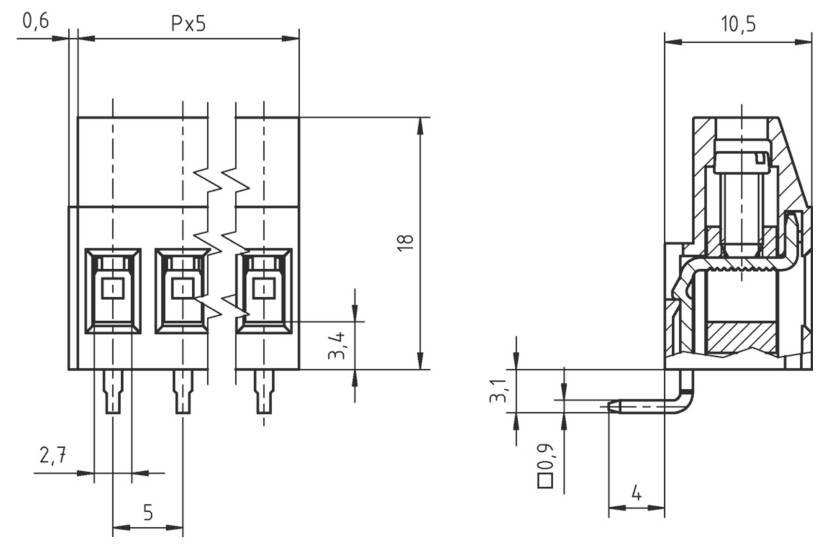 Technische Zeichnung eines Doppelsteckers. Abmessungen: Breite 5, Höhe 18, Tiefe 10,5; verschiedene Stift- und Spaltvermessungen angegeben.