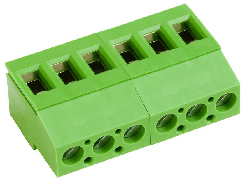 Ein grüner Stromverteilerklemmen-Steckverbinder mit sechs Stiftkontakten, der zur Sicherung von Drahtverbindungen in elektronischen Geräten verwendet wird.