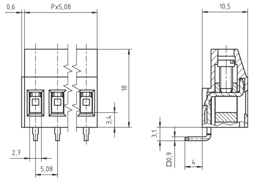 „Technische Zeichnung mit Abmessungen einer dreipoliger elektrischen Komponente mit detaillierten Maßen in Millimetern.