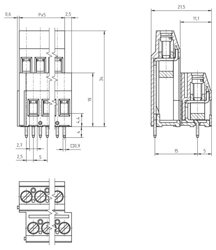 Technische Zeichnung eines Elektrosteckers mit Front- und Seitenansicht sowie detaillierten Abmessungen in Millimetern.