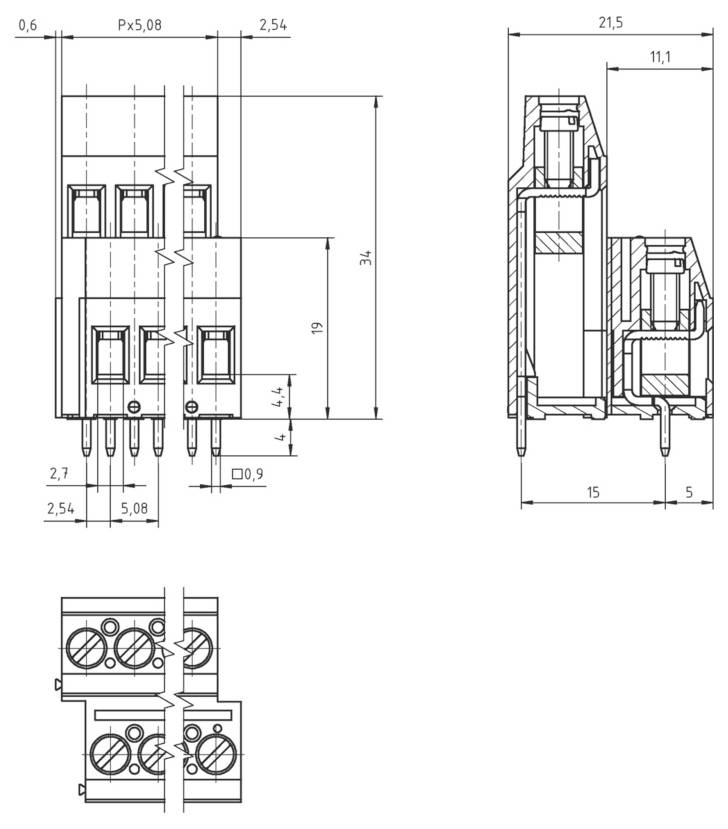 Technische Zeichnung eines elektrischen Steckers mit Seiten- und Draufsichten. Abmessungen geben Komponentengröße und Abstände an.