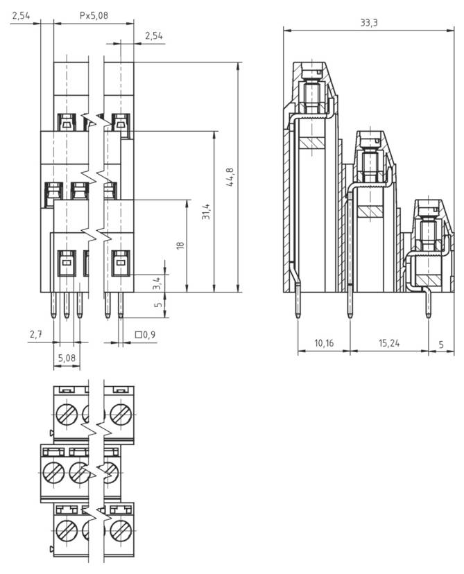 Technisches Diagramm elektrischer Komponenten mit Messbeschriftungen in Millimetern, das verschiedene Ansichten und Abmessungen für die Installation zeigt.