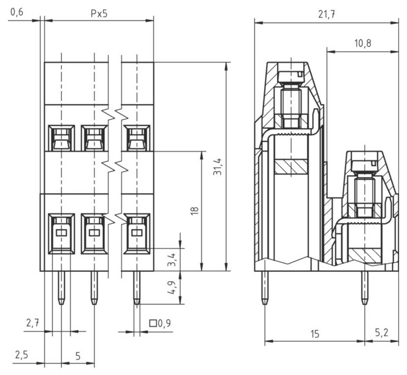 Technische Zeichnung einer vertikalen Kopfleiste, die zwei Ansichten mit in Millimetern beschrifteten Abmessungen zeigt, einschließlich Breite, Höhe und Stiftabstand.