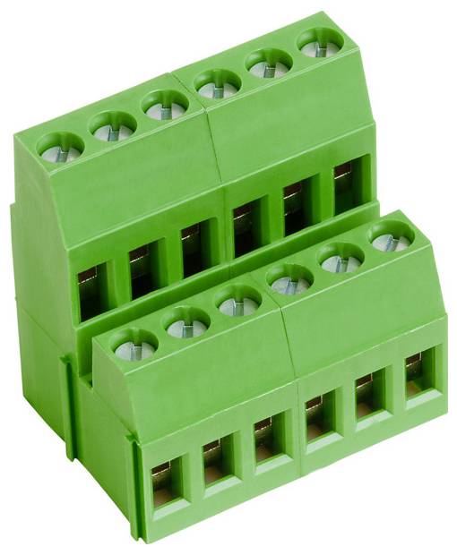 Ein grünes Schraubklemmleistenblock mit zwei Reihen von Anschluss­punkten, entwickelt für Verdrahtungs- und Elektroinstallationsanwendungen, dargestellt auf weißem Hintergrund.