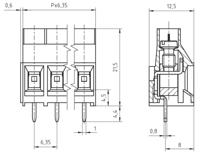 Technische Zeichnung eines elektrischen Steckers mit Vorder- und Seitenansicht mit Abmessungen in Millimetern für genaue Spezifikationen.