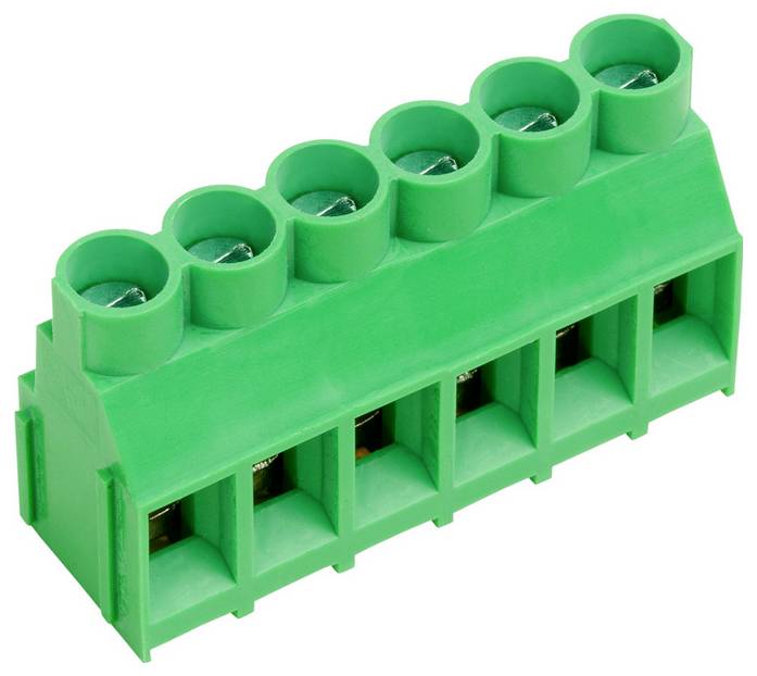 Ein grüner Klemmblock mit sechs Positionen und Schraubanschlüssen zum Befestigen von Drähten, der in elektrischen Anwendungen zur Verbindung von Stromkreisen verwendet wird.