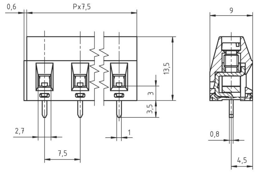 Technische Zeichnung eines dreiterminaligen elektrischen Bauelements mit eingetragenen Abmessungen.