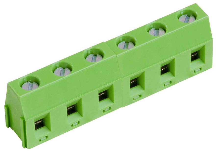 Ein fünfpoliger grüner Klemmleistenverbinder für elektrische Verkabelung mit Schraubklemmen für sichere Verbindungen.