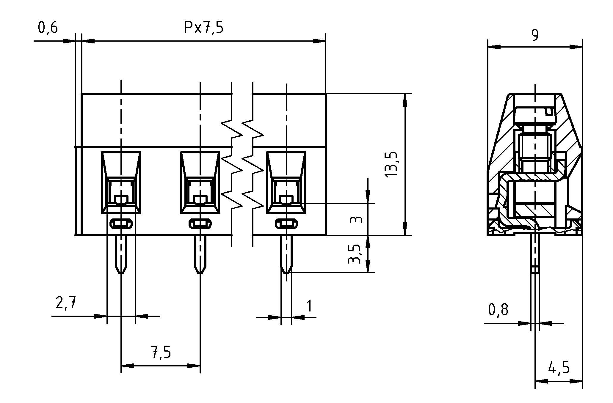 Technische Zeichnung eines dreipoligen Steckers mit Abmessungen in Millimetern, zeigt Vorder- und Seitenansicht für präzise Herstellung.