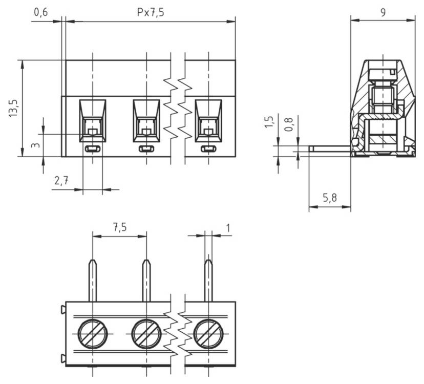 Diagramm einer elektronischen Komponente mit Abmessungen: Breite 5,08, Höhe 12 und Tiefe 8,4. Enthält Abstands- und Stiftdetails.