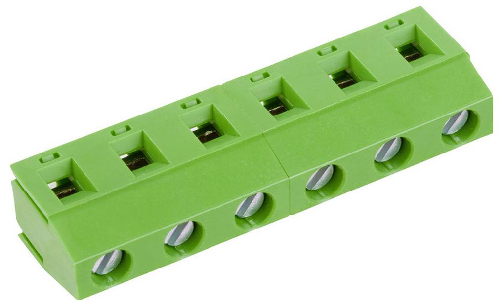 Ein grüner modularer Klemmenblockstecker mit vier Drahtschlitzen, der für elektrische Verbindungen verwendet wird, auf weißem Hintergrund.