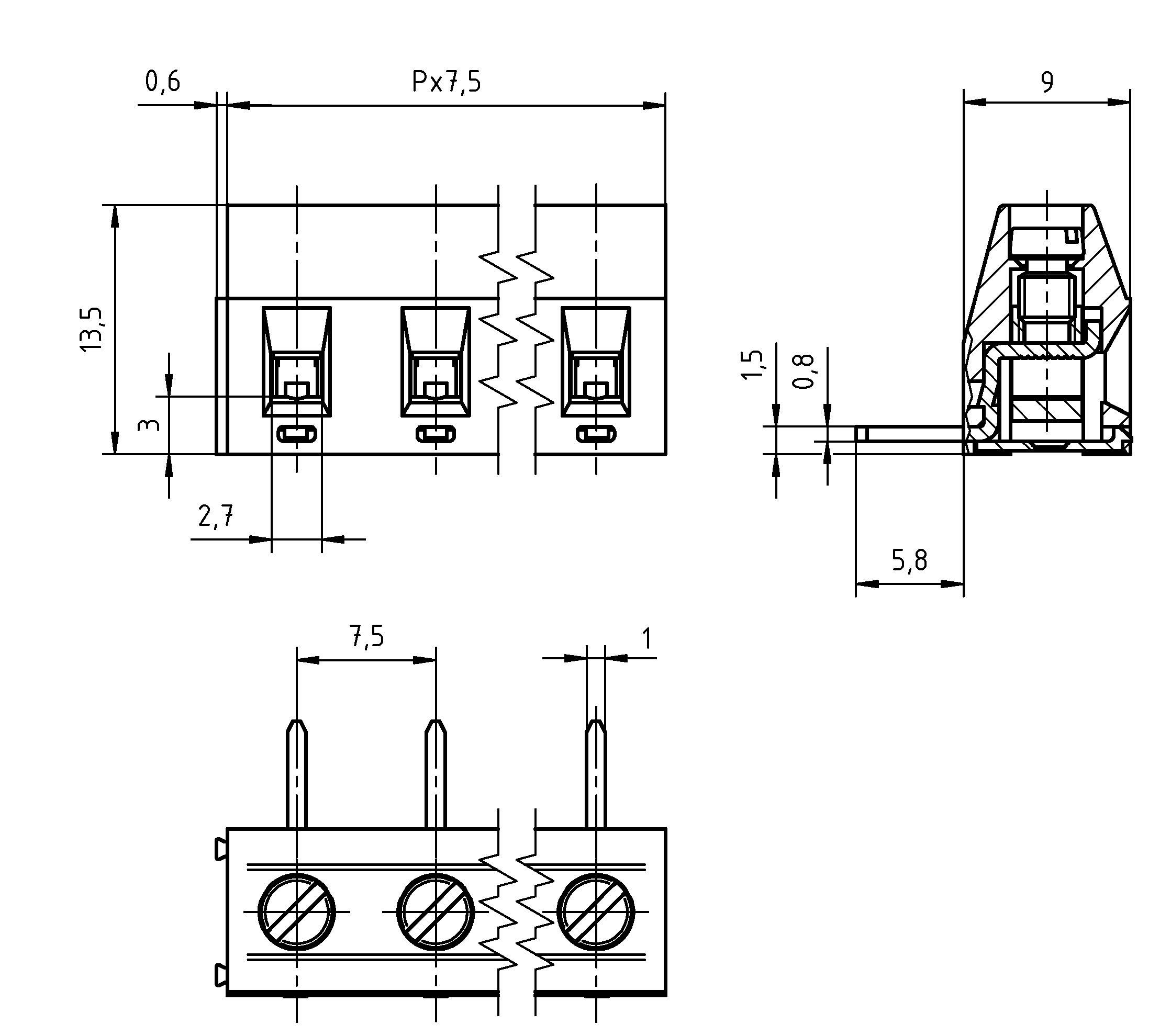 Technische Zeichnung eines Steckers mit Abmessungen: 13,5 x 7,5 x 3 mm. Enthält Vorder-, Seiten- und Draufsichten, die wichtige Messwerte hervorheben.