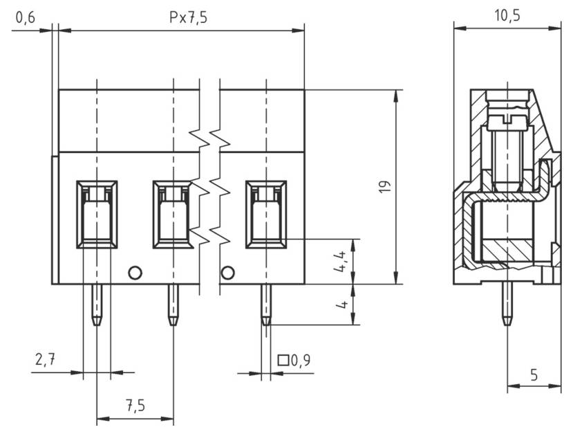 Technische Zeichnung eines elektrischen Steckers mit angegebenen Abmessungen. Die Vorderansicht zeigt drei Hauptkontakte mit einem Abstand von 7,5 mm und einer Gesamtbreite von 19 mm, während die Seitenansicht eine Gesamttiefe von 10,5 mm zeigt.