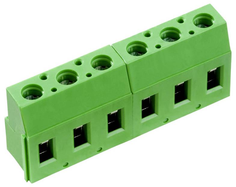 Ein grünes Klemmleistenblock mit sechs Drahtanschlussplätzen, das für die elektrische Verkabelung verwendet wird und eine sichere Verbindung mit Schraubverschlüssen bietet.