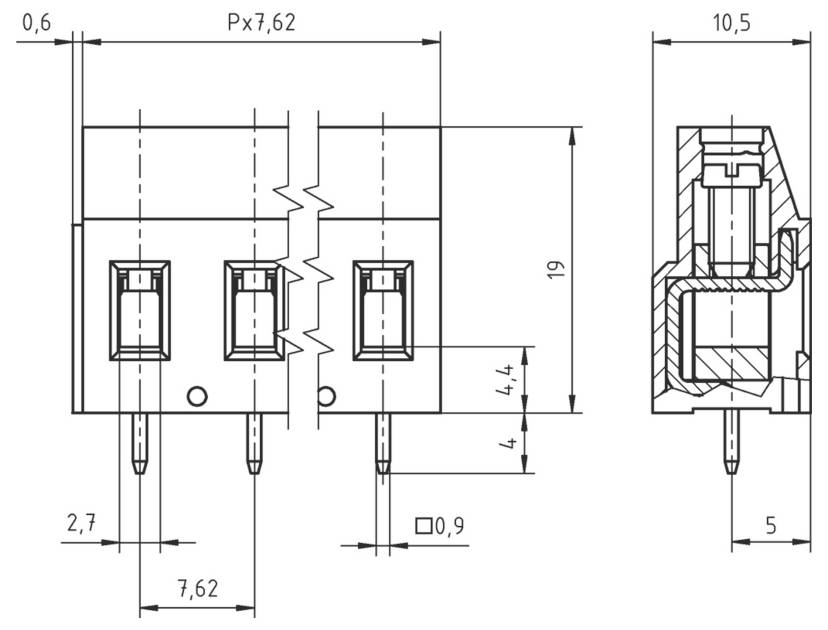 Technisches Schaltbild eines 3-Pin-Steckers mit gekennzeichneten Abmessungen: 19 mm Höhe, 10,5 mm Breite und 7,62 mm zwischen den Stiften.