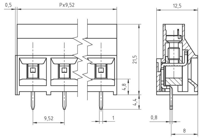Technisches Diagramm einer elektronischen Komponente mit Abmessungen. Die Vorderansicht zeigt eine Höhe von 21,5 mm, eine Breite von 9,52 mm und eine Tiefe von 12,5 mm.