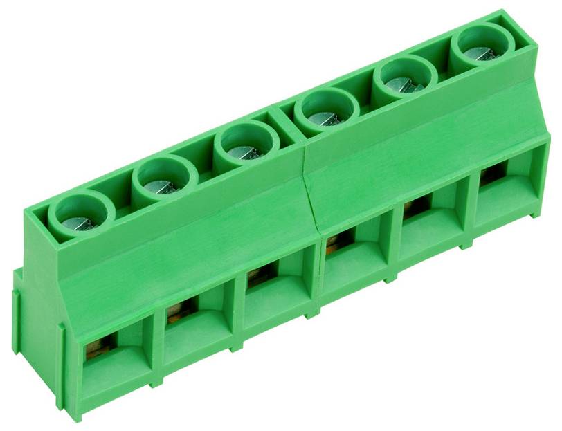 Ein grünes Klemmleistenmodul mit sechs Anschlüssen, das zur elektrischen Verdrahtung und zur Befestigung auf einer Leiterplatte verwendet wird.
