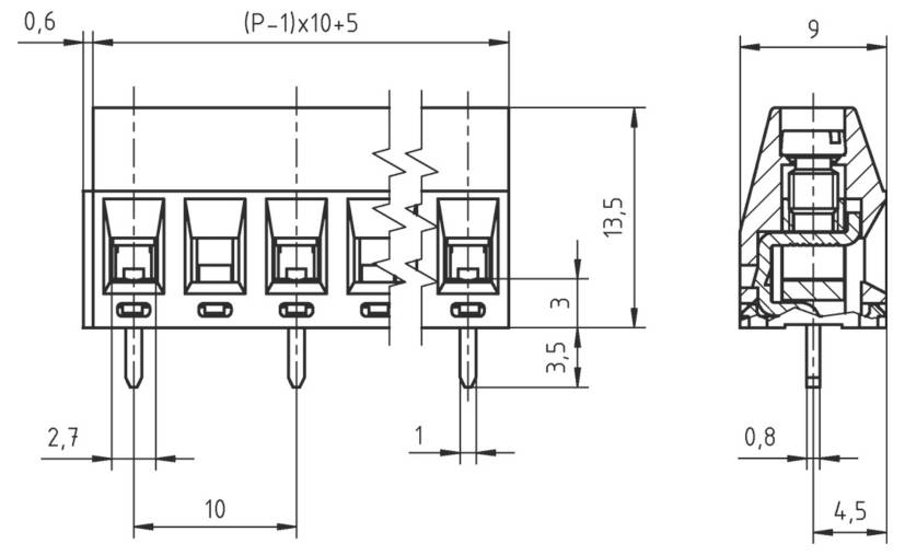 Technische Zeichnung eines Steckers mit Abmessungen in Millimetern, mit detaillierten Vorder- und Seitenansichten, die die Stiftpositionen hervorheben.