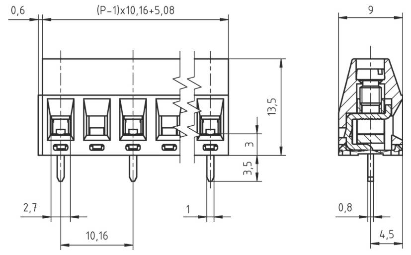Technische Zeichnung eines Steckers: zeigt Abmessungen eines 5-Pol-Steckblocks mit Seitenansicht und Vorderansicht, beschriftete Messungen in Millimetern.