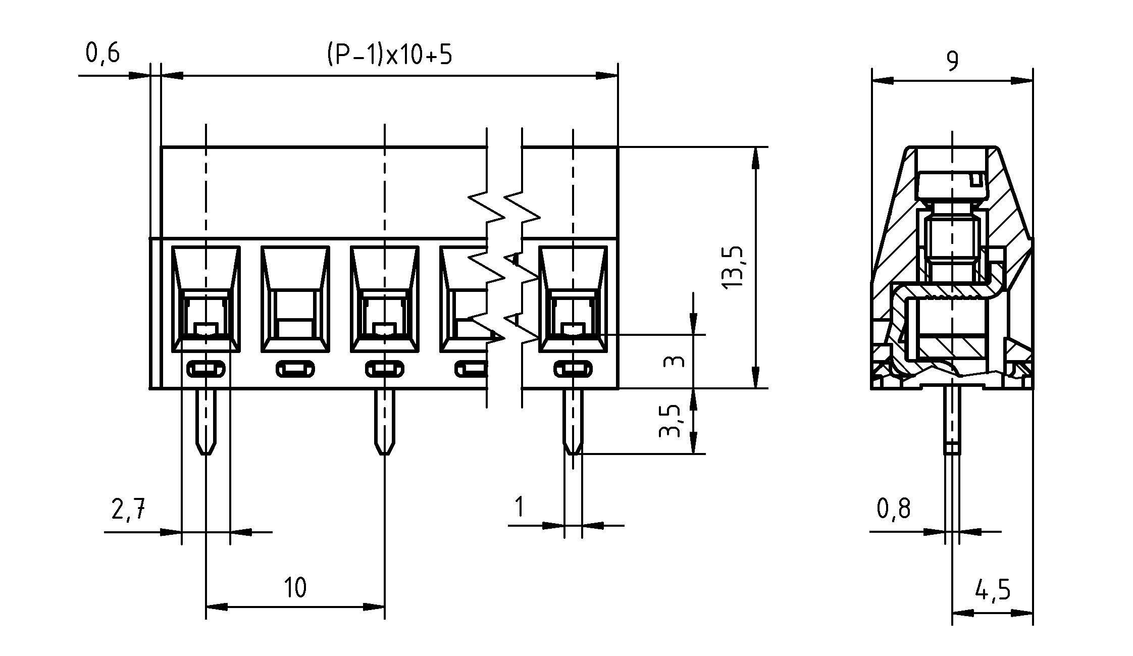 Technische Zeichnung einer elektrischen Komponente mit vier Schalterschlitzen und beschrifteten Abmessungen in Millimetern. Seiten- und Vorderansichten enthalten.