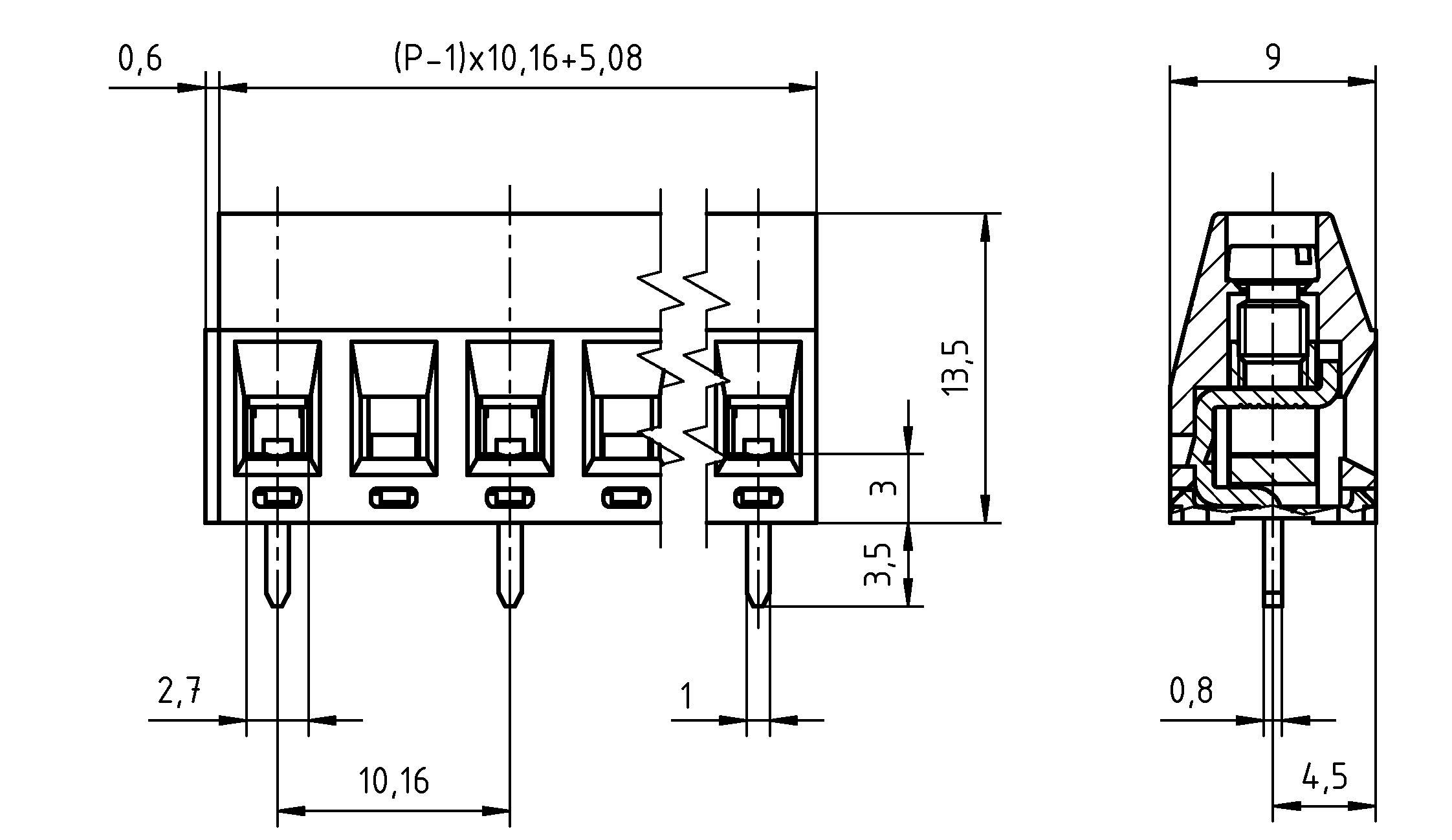 Technische Zeichnung eines viertpoligen elektrischen Steckers mit Seitenansicht und Vorderansicht, mit detaillierten Maßangaben einschließlich Breiten und Höhen in Millimetern.