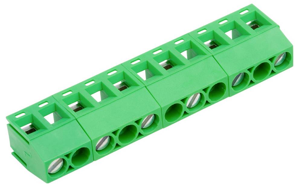 Ein grünes elektrisches Klemmleistenblock mit mehreren Anschllusspunkten in einer Reihe angeordnet, das zum Sichern und Beenden elektrischer Drähte verwendet wird.