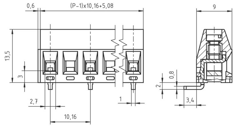 Technische Zeichnung eines elektrischen Steckers mit Abmessungen: 13,5 mm Höhe, 10,16 mm Breite und Details von Stift- und Schnittansichten.