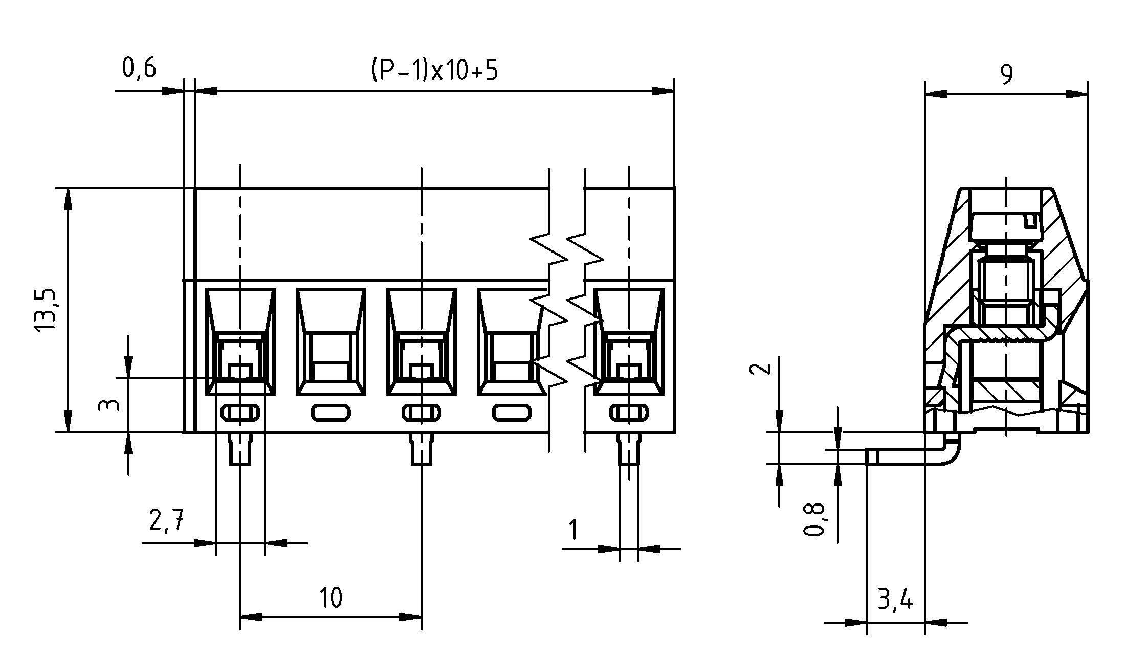 Technische Zeichnung eines elektrischen Steckers mit mehreren Stiften, zeigt Vorder- und Seitenansichten. Abmessungen sind in Millimetern gekennzeichnet.