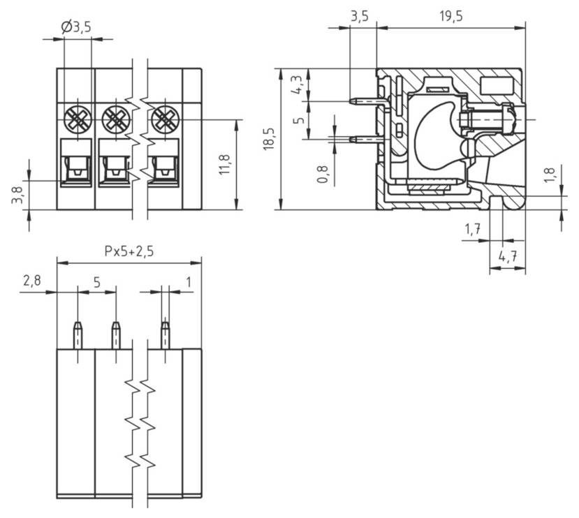 Technische Zeichnung einer dreipoligen elektrischen Komponente, die Abmessungen und interne Struktur mit Messungen in Millimetern zeigt.
