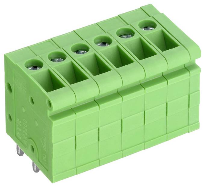 Grüner Leiterplatten-Klemmblock mit Schraubanschlüssen und 5 Positionen für elektrische Verbindungen, verwendet in Leiterplatten und elektronischen Geräten.