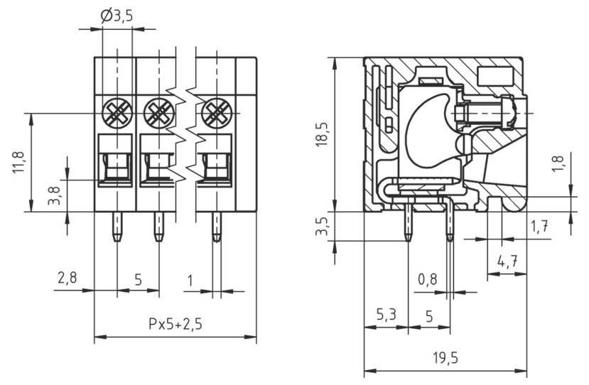Technische Zeichnung eines dreipoligen elektronischen Steckers mit in Millimetern beschrifteten Abmessungen, zeigt Vorder- und Seitenansicht.