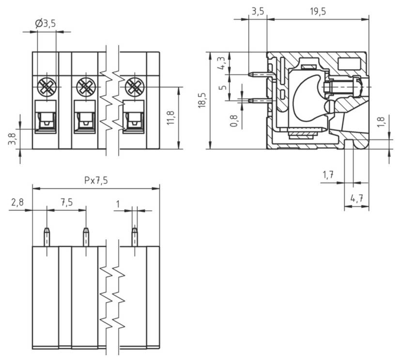 Technische Zeichnung einer elektrischen Komponente, zeigt Vorder- und Seitenansicht mit detaillierten Abmessungen in Millimetern.