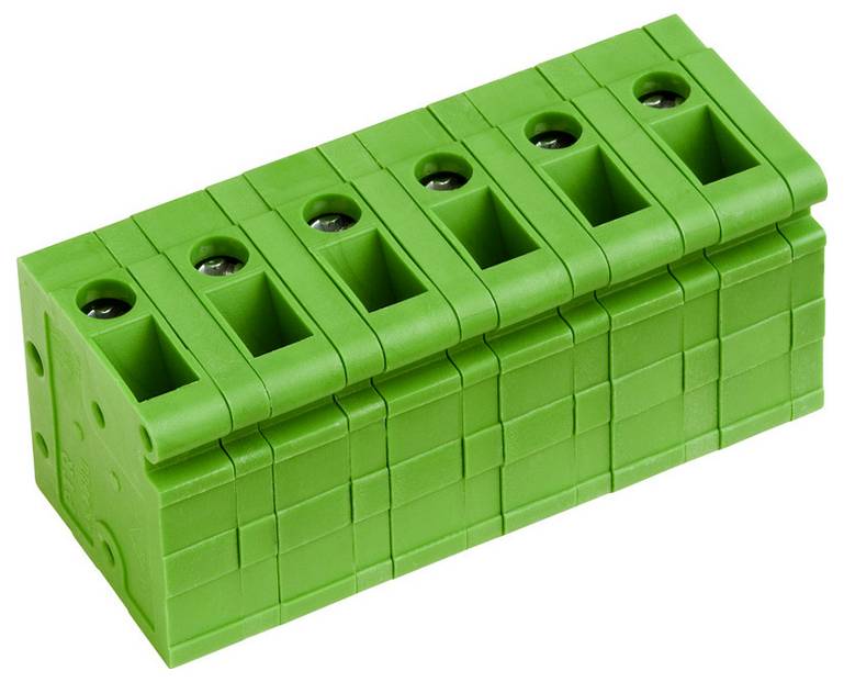 Ein grüner modularer Klemmblock mit mehreren Anschlüssen, der für die Verwaltung von Elektrokabeln verwendet wird, gezeigt aus einer Schrägansicht.