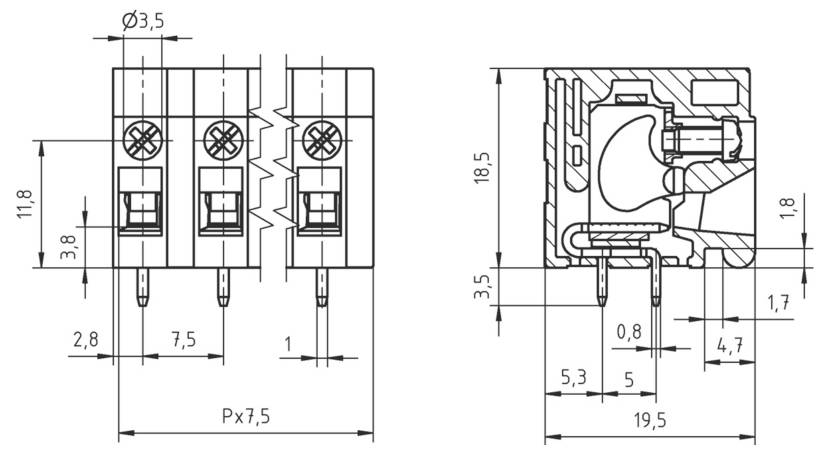 Technisches Schaltbild eines elektrischen Steckers mit Vorder- und Seitenansicht mit Abmessungen in Millimetern, das den Pinabstand und die Komponentenabmessungen detailliert darstellt.