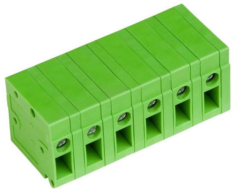 Ein grünes Terminalblock mit sieben Anschlussanschlüssen und sichtbaren Schraubbefestigungen, das für elektrische Verbindungen in verschiedenen Geräten verwendet wird.
