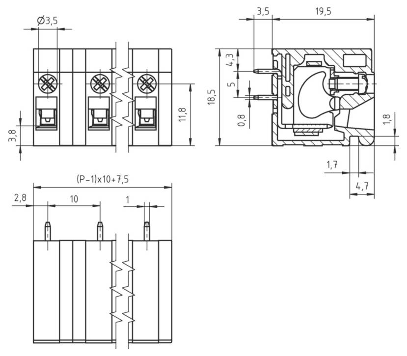 Technische Zeichnung eines zweipoligen elektrischen Steckers mit Vorder-, Seiten- und Draufsicht mit detaillierten Abmessungen in Millimetern.