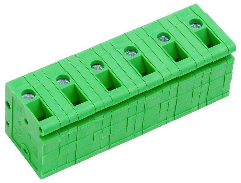 Ein grüner, stapelbarer elektrischer Anschlussblock mit sechs Schraubanschlüssen, der für Verdrahtungsverbindungen in elektrischen Installationen verwendet wird.