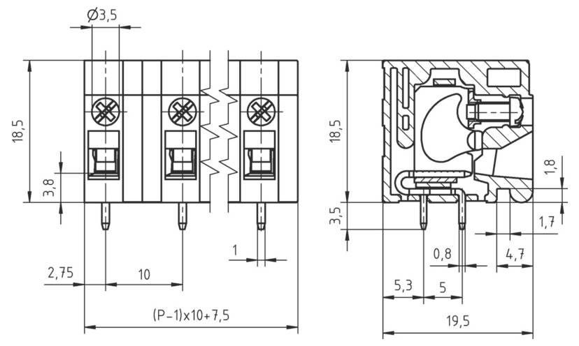 Technische Zeichnung einer elektrischen Komponente mit detaillierten Abmessungen. Zeigt Vorderansicht und Seitenansicht mit Stiftabstand und Maßangaben.