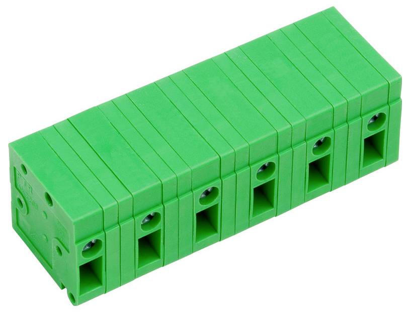 Grüner Klemmblock mit 10 Anschlussplätzen für elektrische Verbindungen, ausgestattet mit Schraubmontage zum Befestigen von Drähten, angeordnet in rechteckiger Blockform.