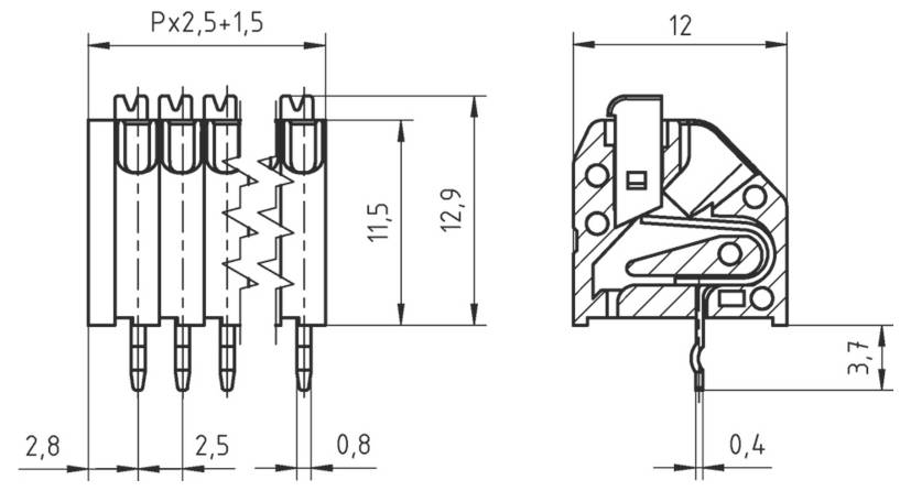 Technische Zeichnung eines Steckers mit Abmessungen: 2,45, 3,5 und 4,9 mm breit, 9,2 mm hoch, mit Stiftabstand und Innenansicht.